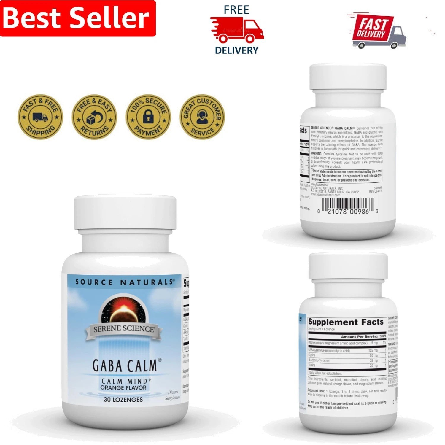 GABA Calm 125 mg Lozenges – 30 Yeast Free, Gluten Free Tablets for Mood Support