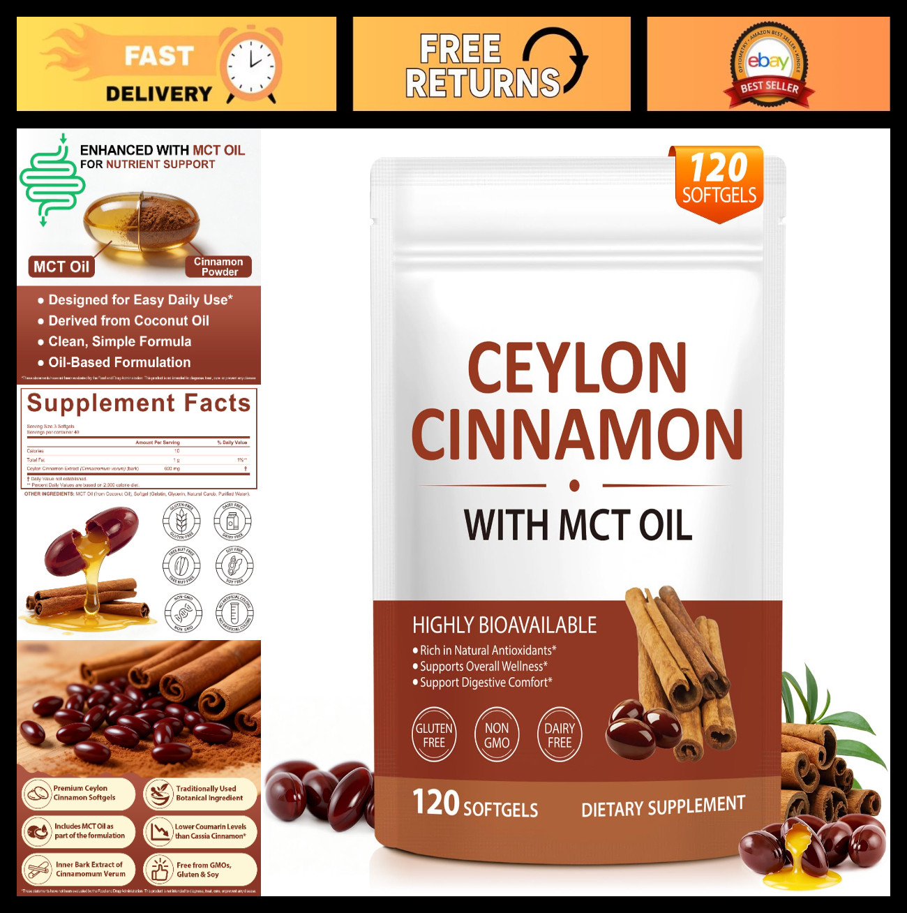 Ceylon Cinnamon Softgels with MCT Oil – Non-GMO, Gluten-Free, 120 Count, Dietary