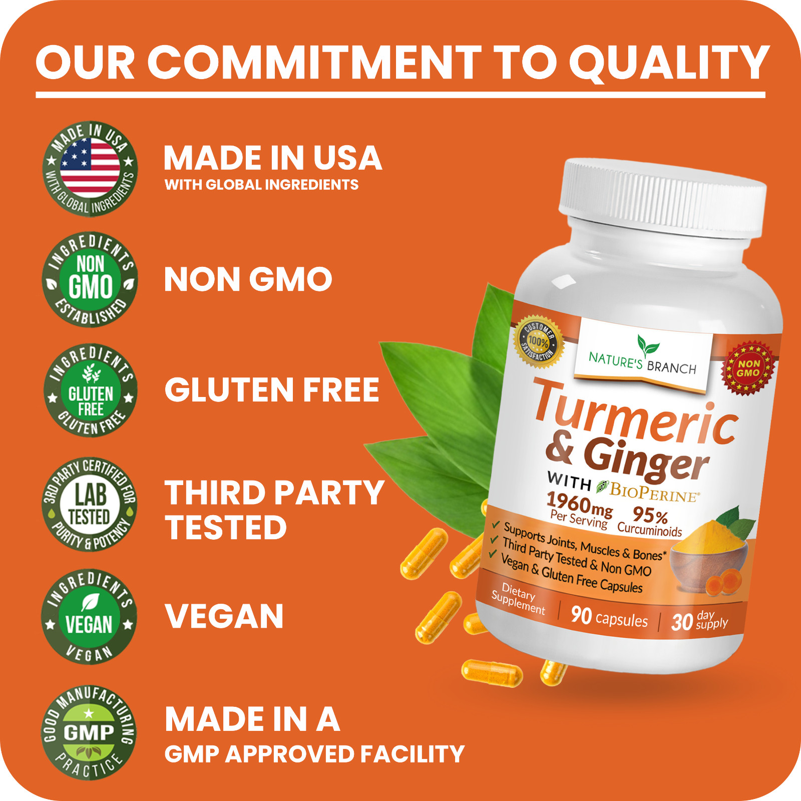 ☀ Max Strength Turmeric and Ginger With BioPerine Black Pepper | 90 Capsules