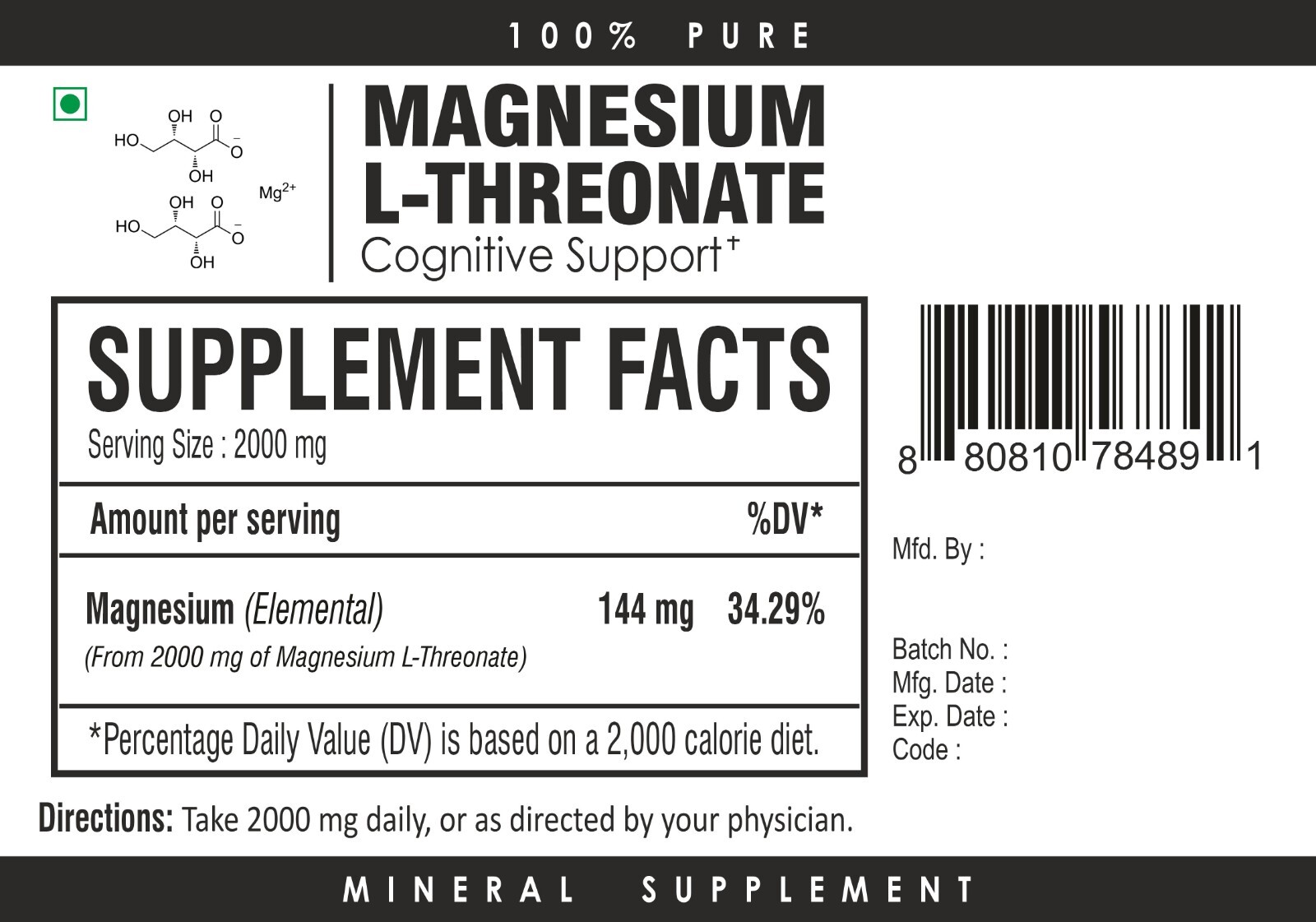 Magnesium L-Threonate Powder – Essential Mineral – Unflavored – Non GMO