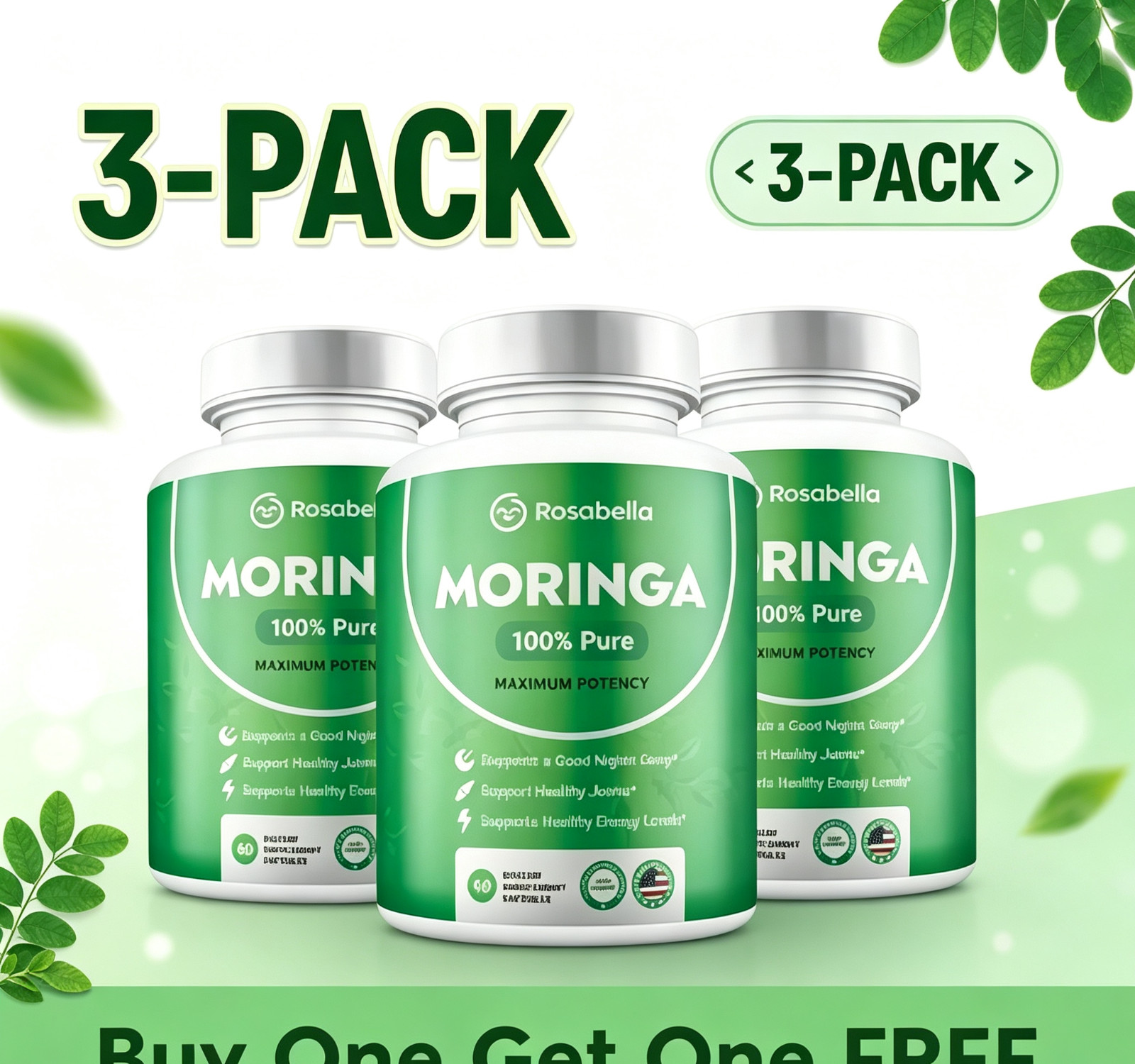 Rosabella MORINGA 3-Pack – Pure & Potent – Sleep, Joints, Energy