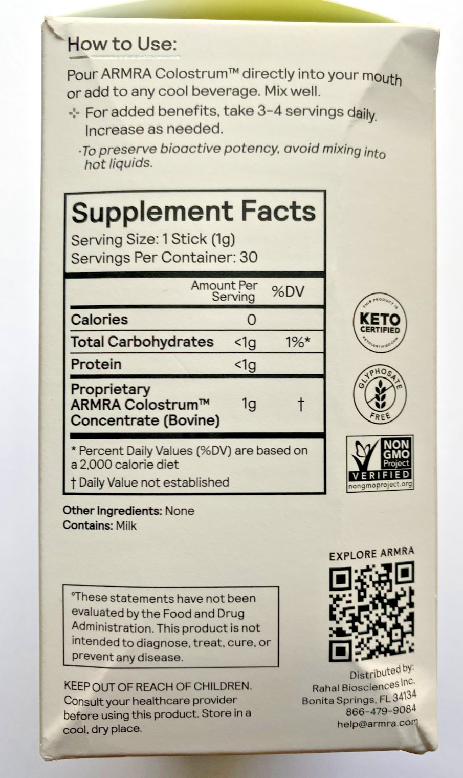 ARMRA Bovine Colostrum Superfood Grass-Fed Immune Fitness Brain unflavored 30ct