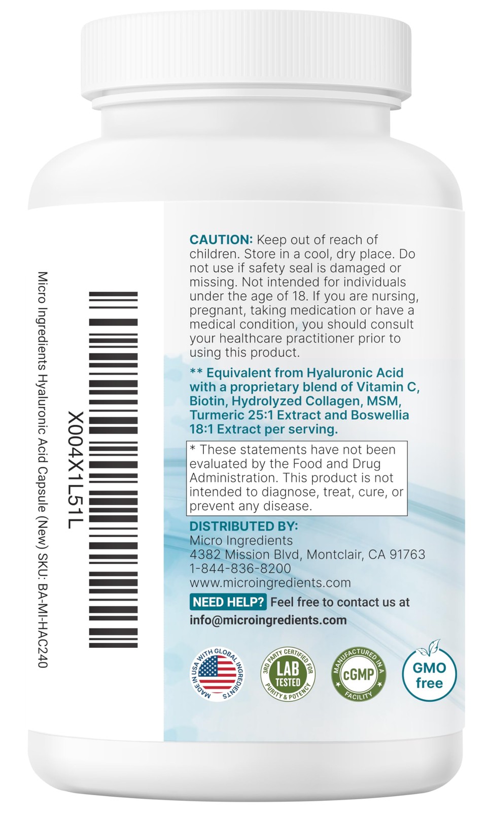 Micro Ingredients Hyaluronic Acid Complex, 240 240 Count (Pack of 1)