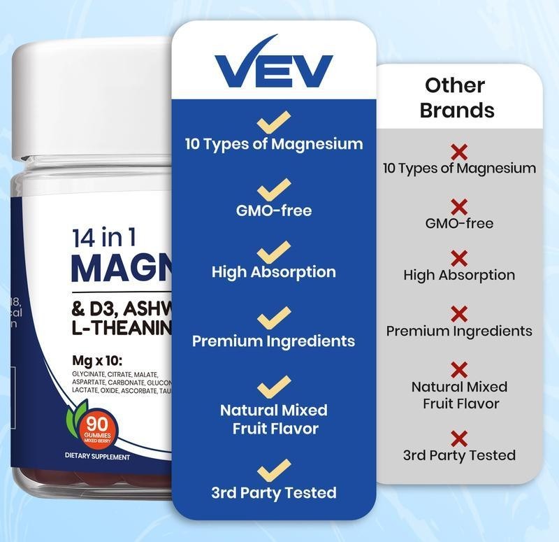 VEV 14-in-1 Magnesium Gummies – with Ashwagandha, L-Theanine, Vitamin D3 & Zinc