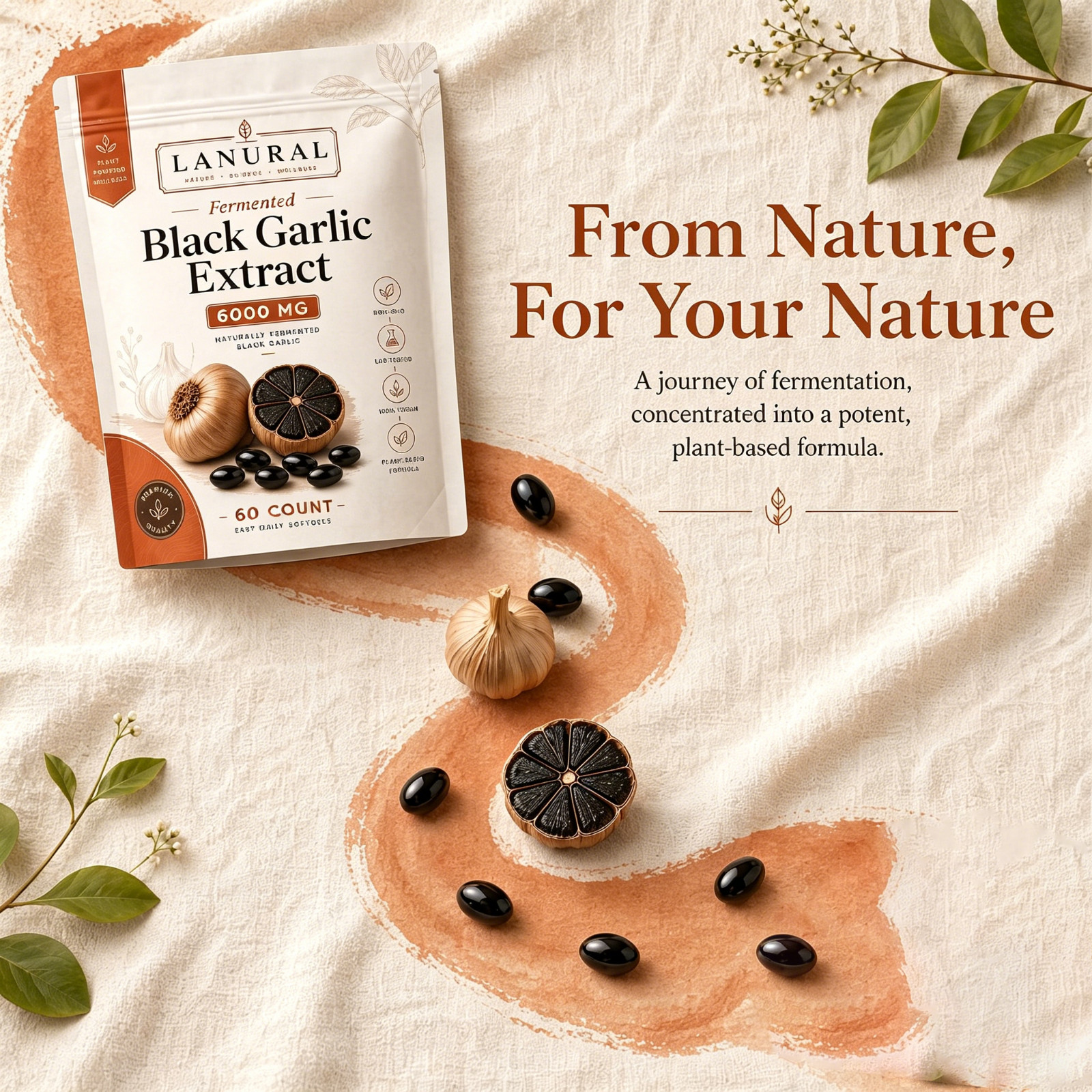 Fermented Lanural Black Garlic, Odorless Capsules, 60 Count