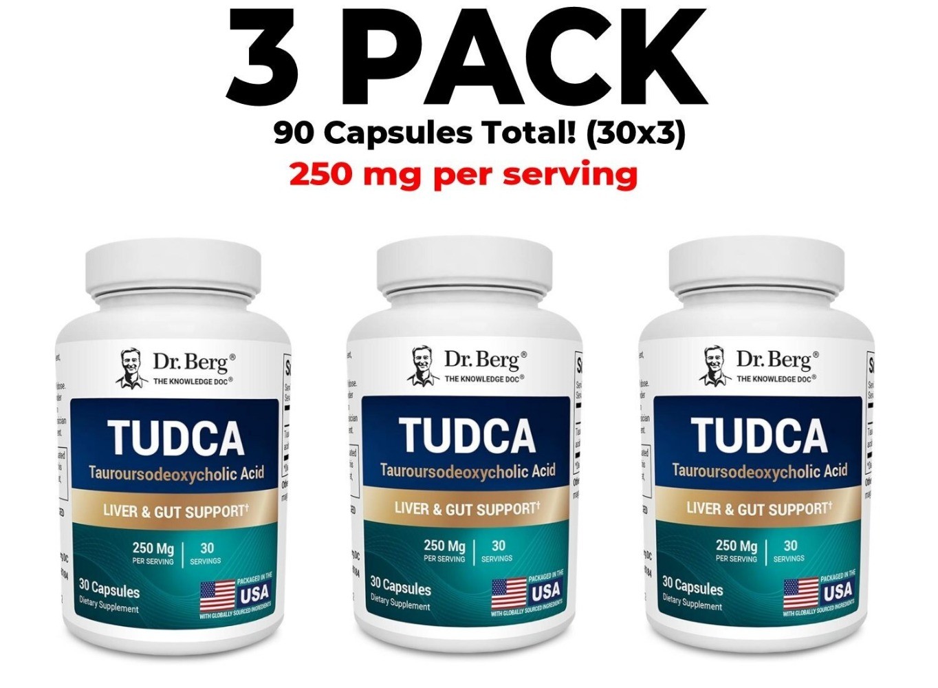 TUDCA 3 packs -250mg Tauroursodeoxycholic Acid -30 vegetarian capsules x 3