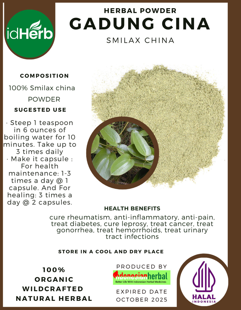 [idHerb] 50-500 gram Powder China Root Smilax China Organic WildCrafted