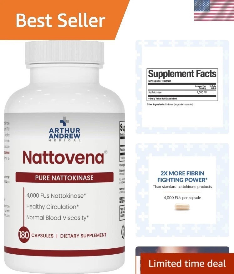 Nattovena Pure Nattokinase Supplement – Double Strength 4,000 FUs, 180 Capsules