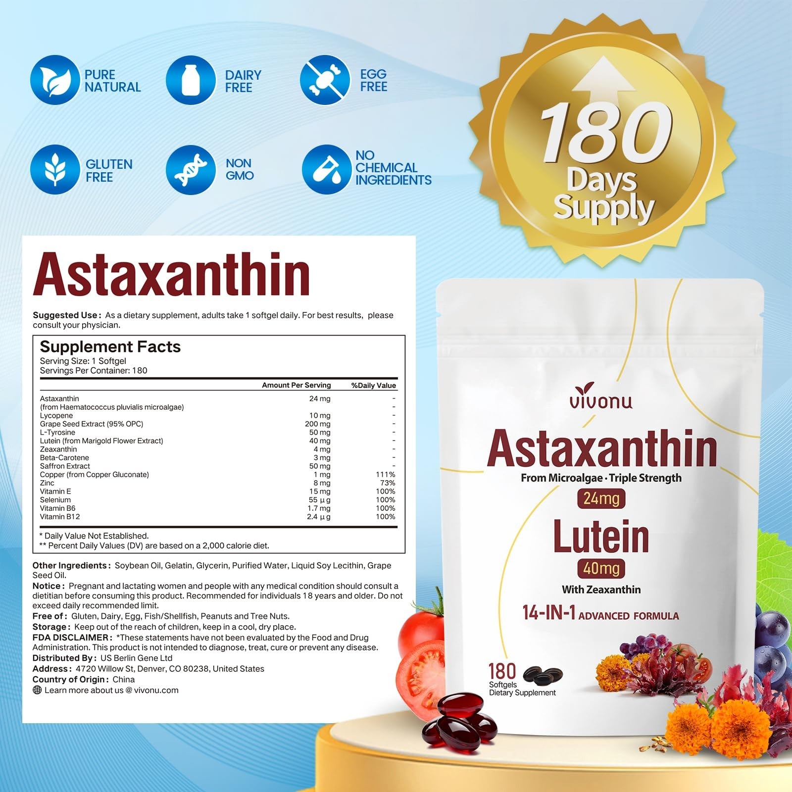 14-in-1 Astaxanthin 24mg & Lutein 40mg Supplements, 180 Softgels, Eye & Skin Sup