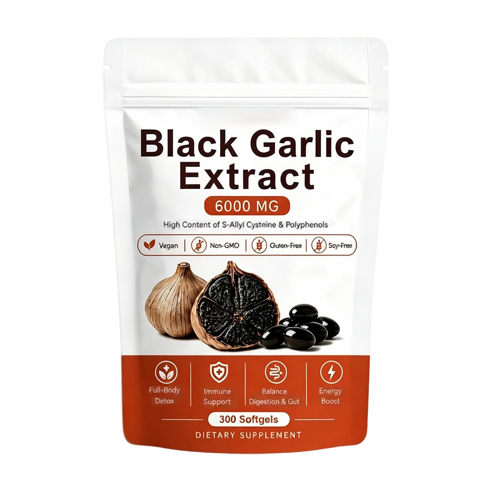 Black Garlic Extract Softgels 300ct, Odorless Vegan Non-GMO Supplement （1-2 pk）