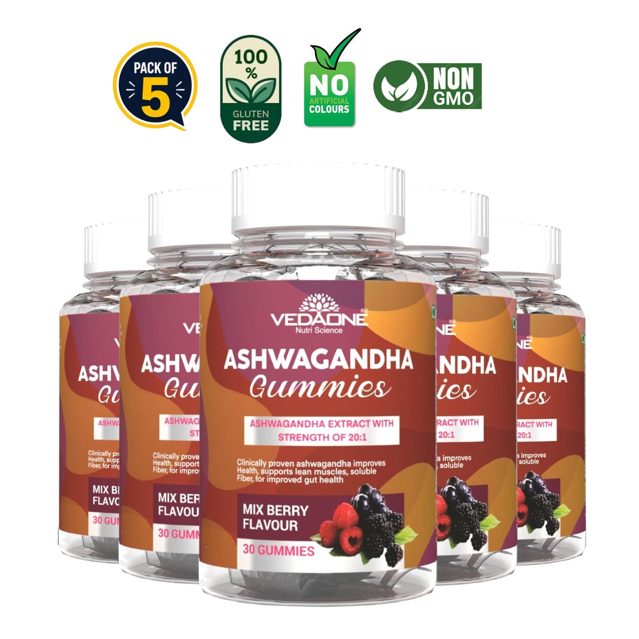 5 Pack VEDA .ONE Ashwagandha Gummies 150 Count