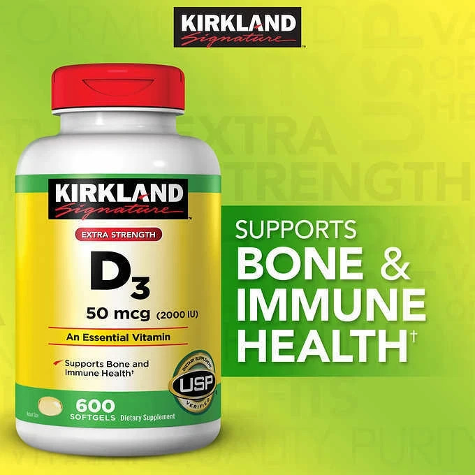 Kirkland Vitamin D3 Extra Strength-50 mcg (2000 IU) 600 Softgels, USP Verified