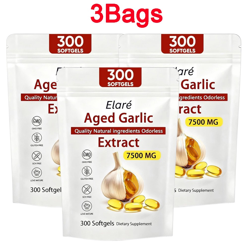 300 Softgels, 3X Elare Aged Garlic Extract, 7500mg Odorless | Heart & Immune