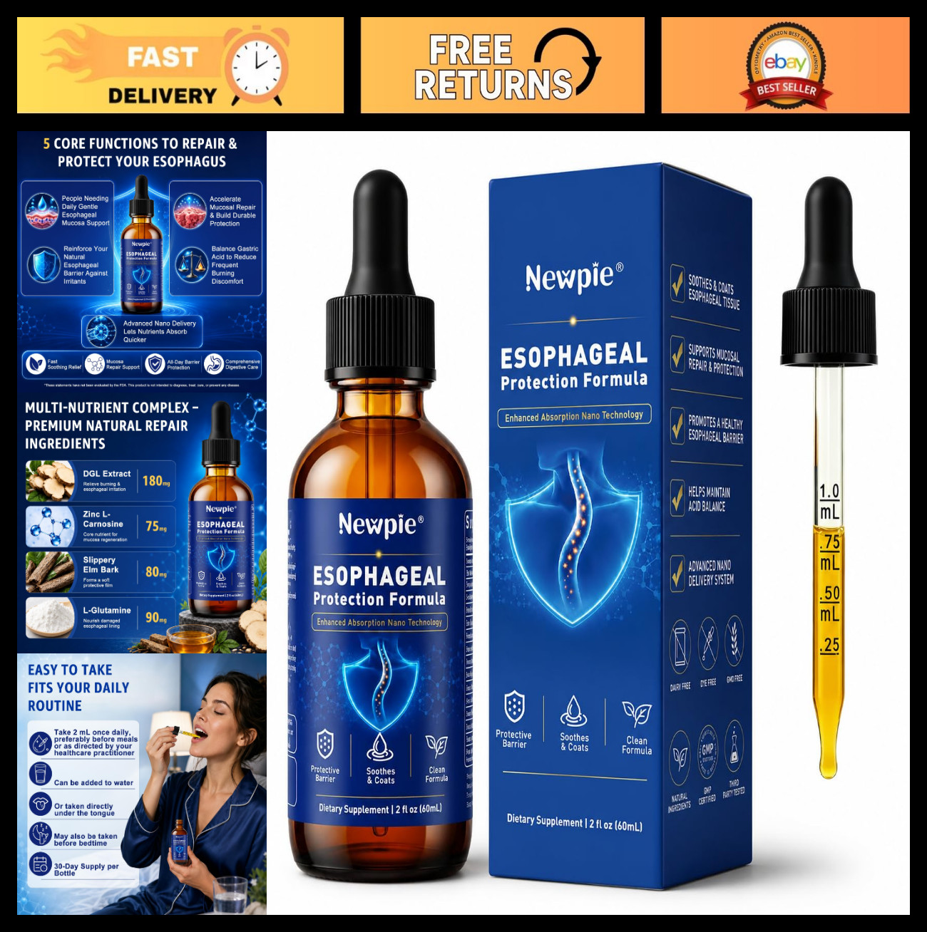 Esophageal Relief Drops – Slippery Elm, Zinc, L-Glutamine & Aloe Vera – Soothes