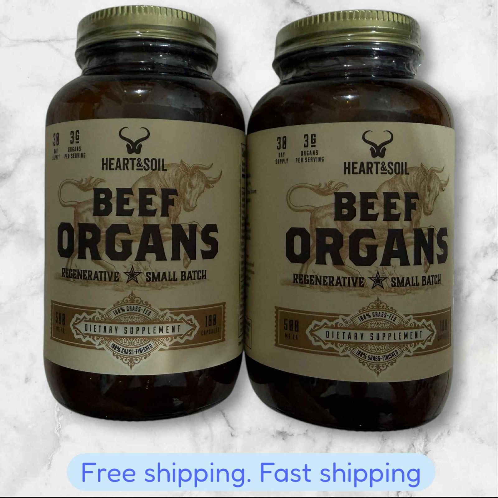 FOR 2 HEART & SOIL Beef Organs Complex 180 Caps Grass-Fed EXP2027+ NEW SHIP