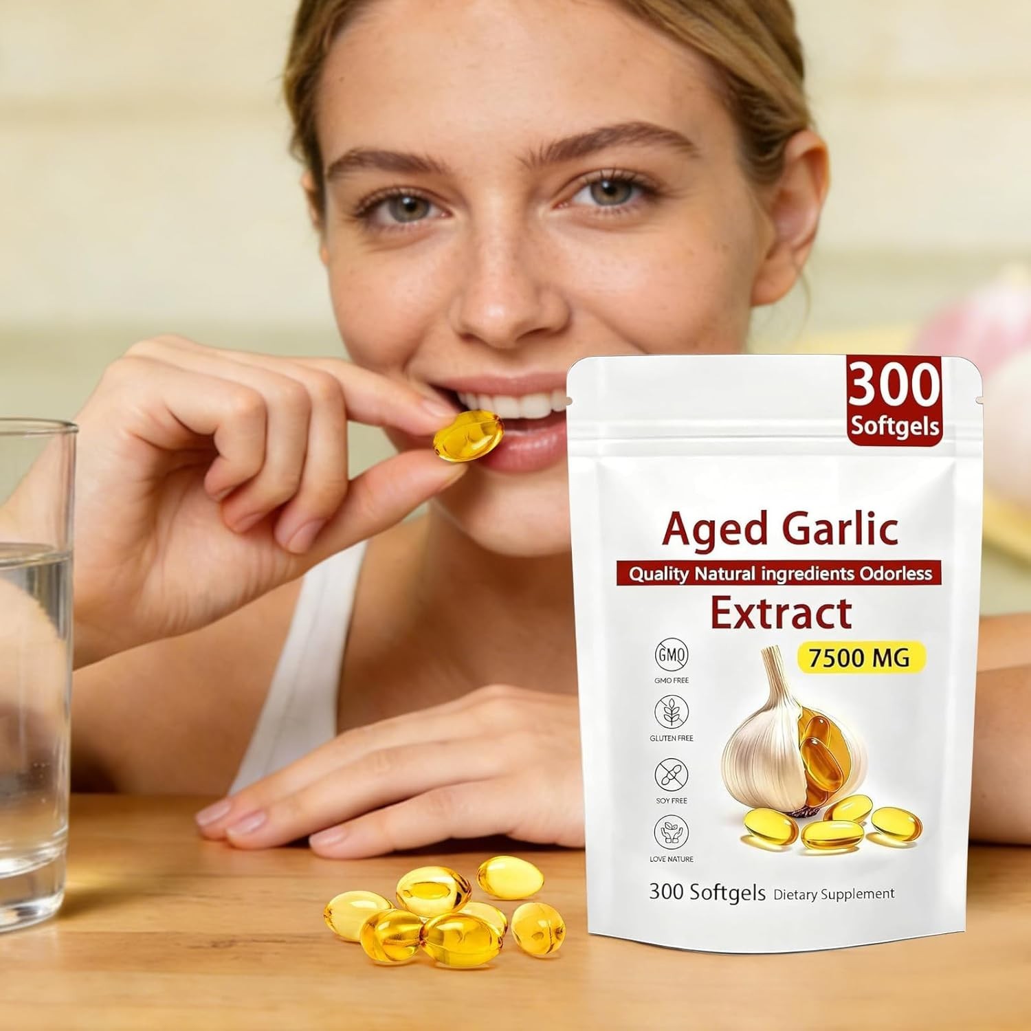 Odorless Garlic 7500mg Per Servings, 300 Softgels | 2 Years Aged Garlic Extra…