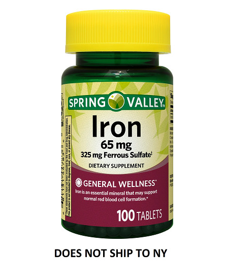 Spring Valley Iron General Wellness Dietary Supplement Tablets, 65 mg, 100 Count