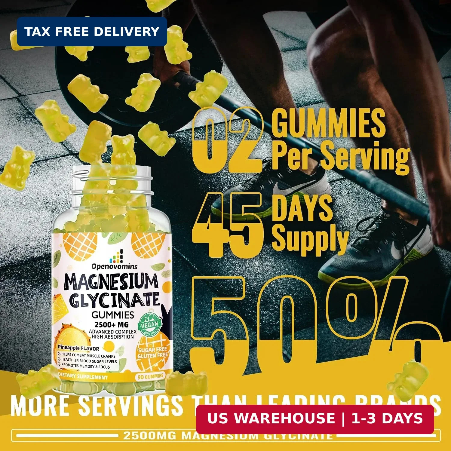 Magnesium Glycinate Gummies 2500mg – Sugar 90 Count (Pack of 1), Pineapple