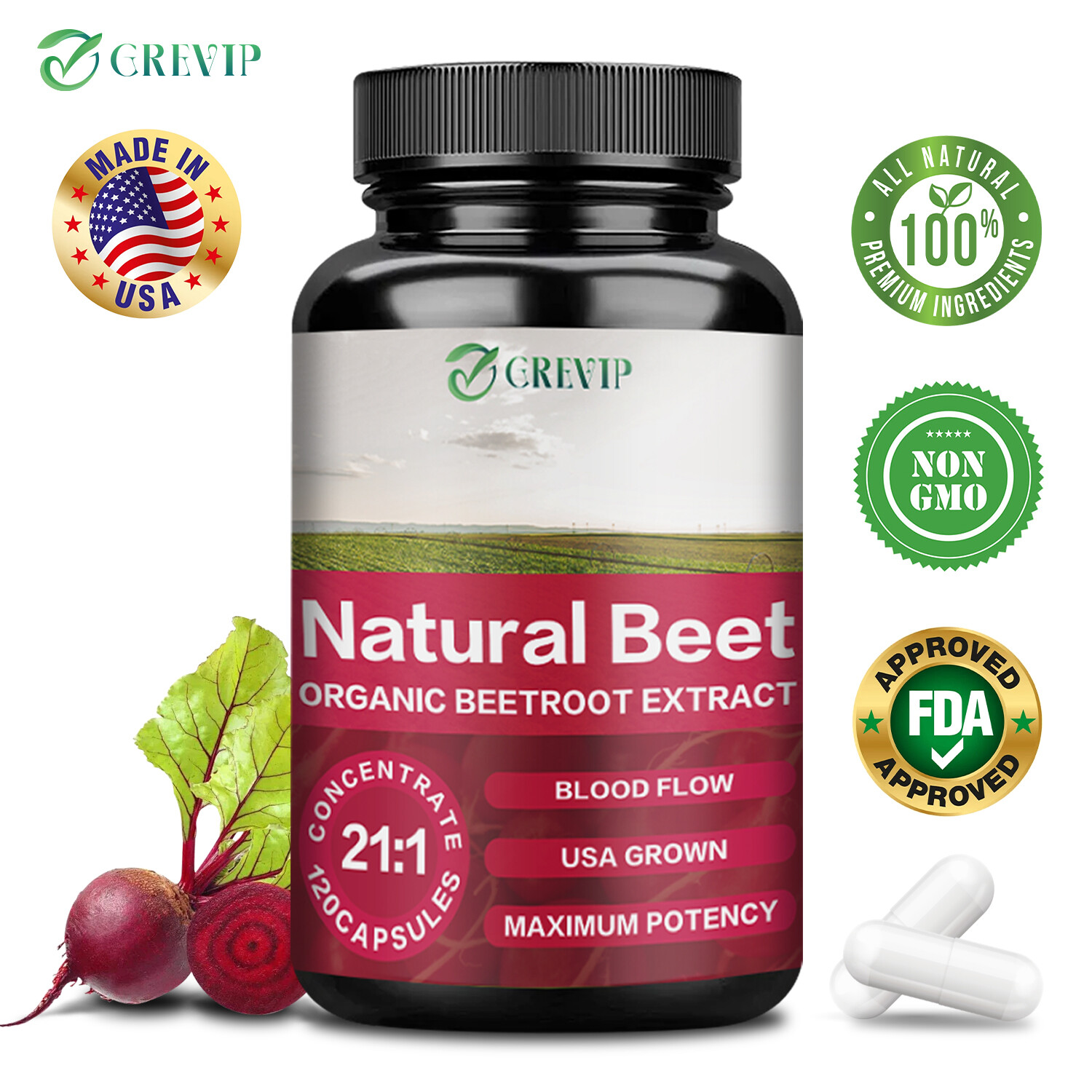 120pcs Natural Beet Capsules 1250mg-Organic Beetroot Extract,Healthy Circulation