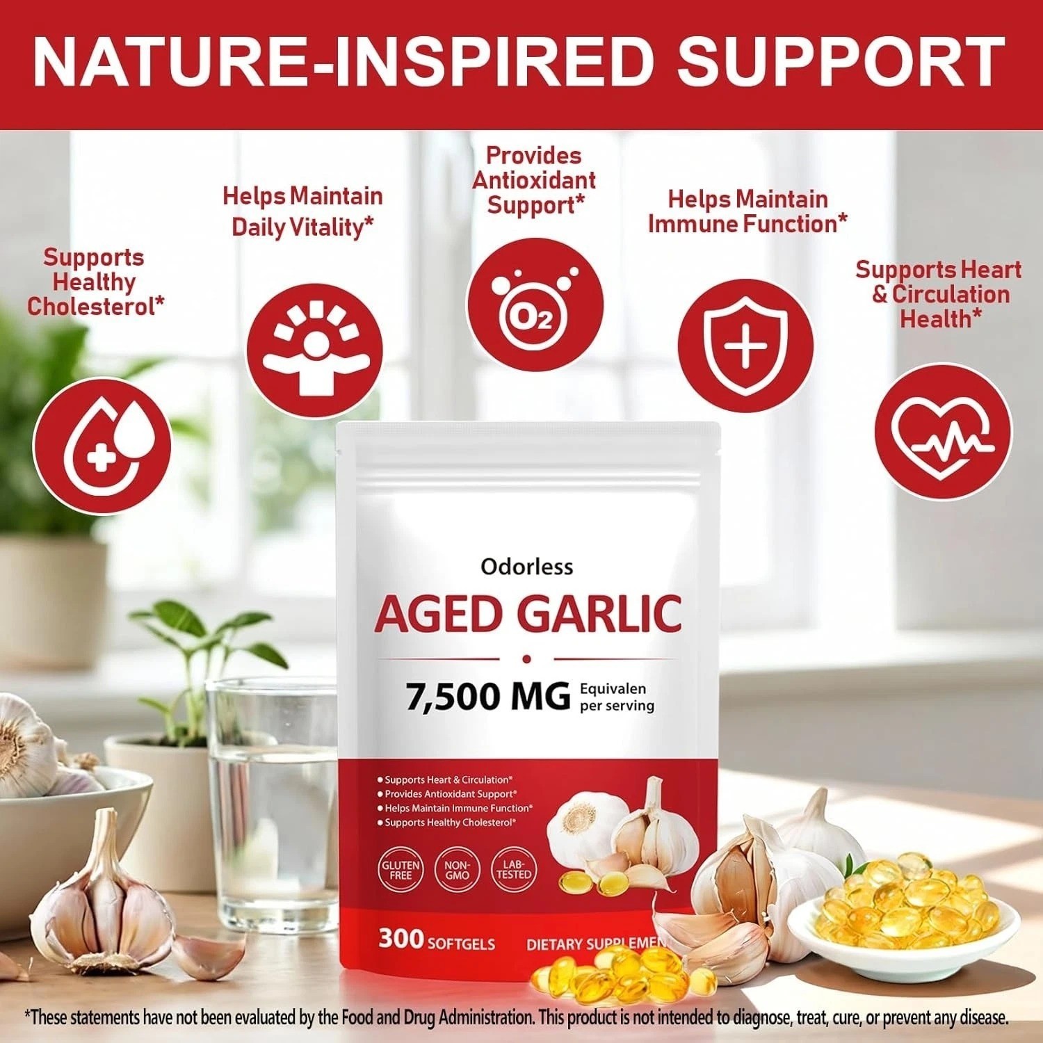 Odorless Garlic 7500Mg per Servings, 300 Softgels | 2 Years Aged Garlic Extra…