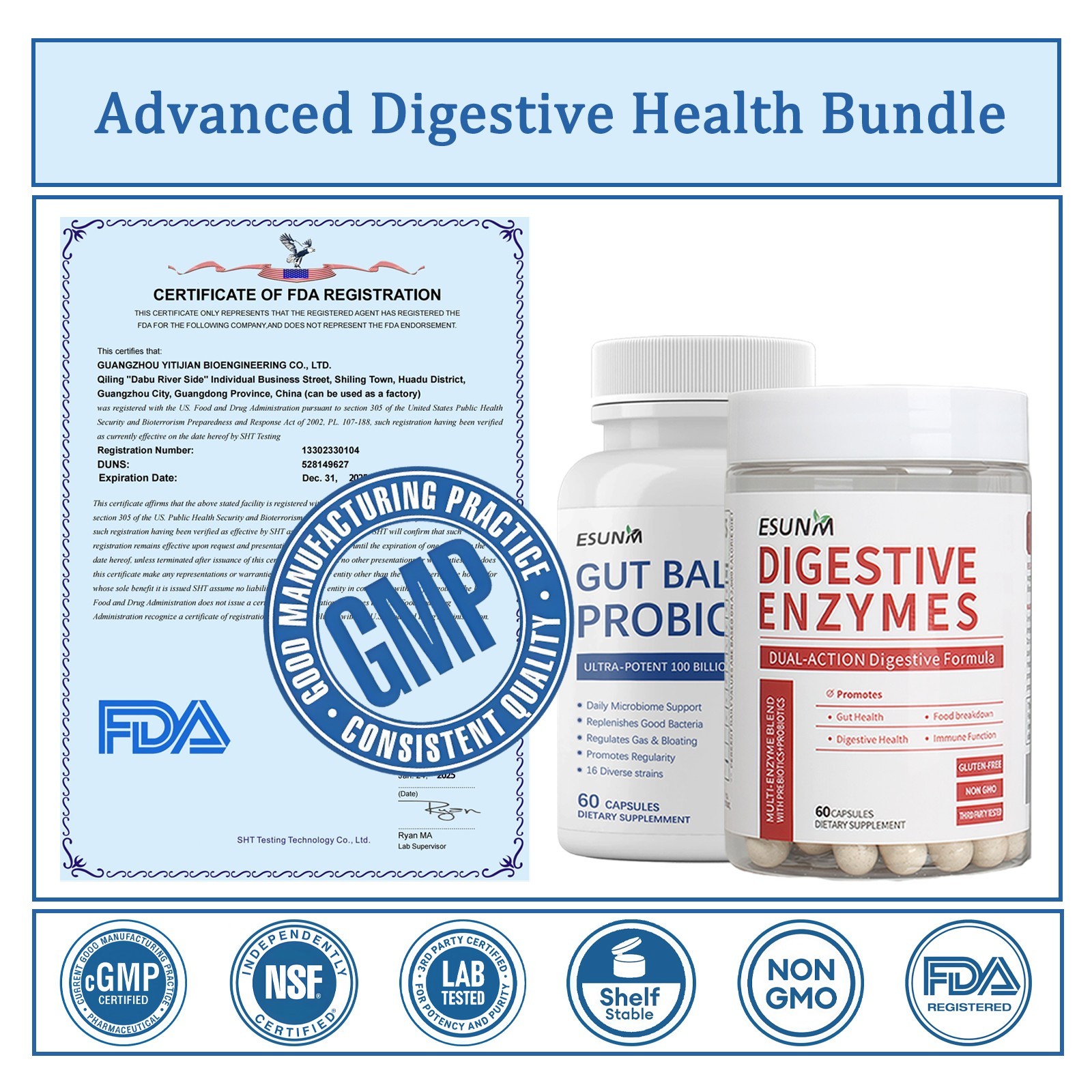 ESUNM Digestive Enzymes Bundle (2-Pack): Digestive Enzymes 60ct + Probiotics 60c