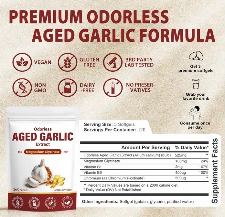 Odorless Aged Garlic Extract Capsules, 2-Year Aged Garlic with Magnesium
