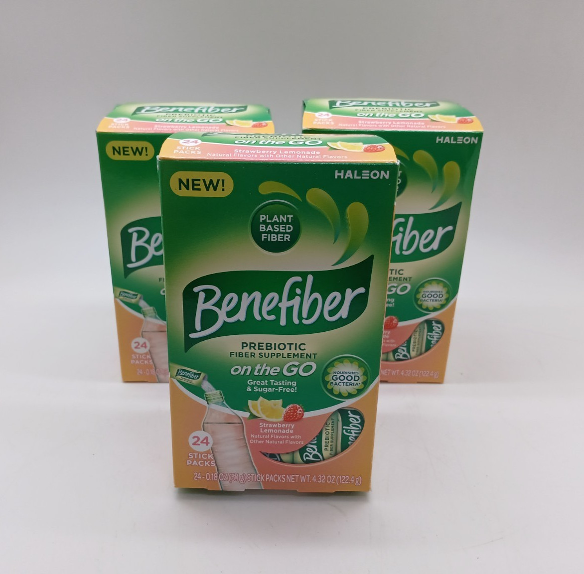Benefiber Prebiotic Strawberry Lemonade Drink Mix – 3 Boxes (24 Sticks Each)