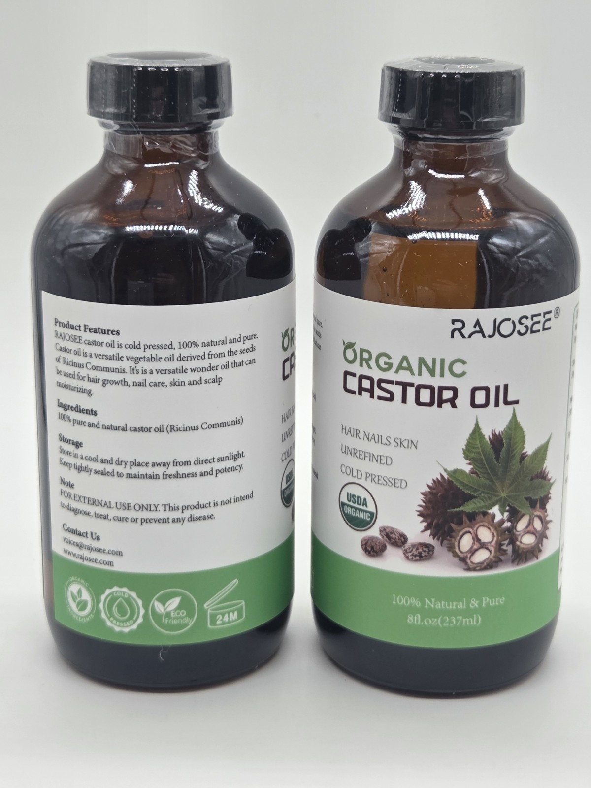 2 Pcs Certified Organic Castor Oil, Natural Oil Cold Pressed in Glass Bottle 8oz