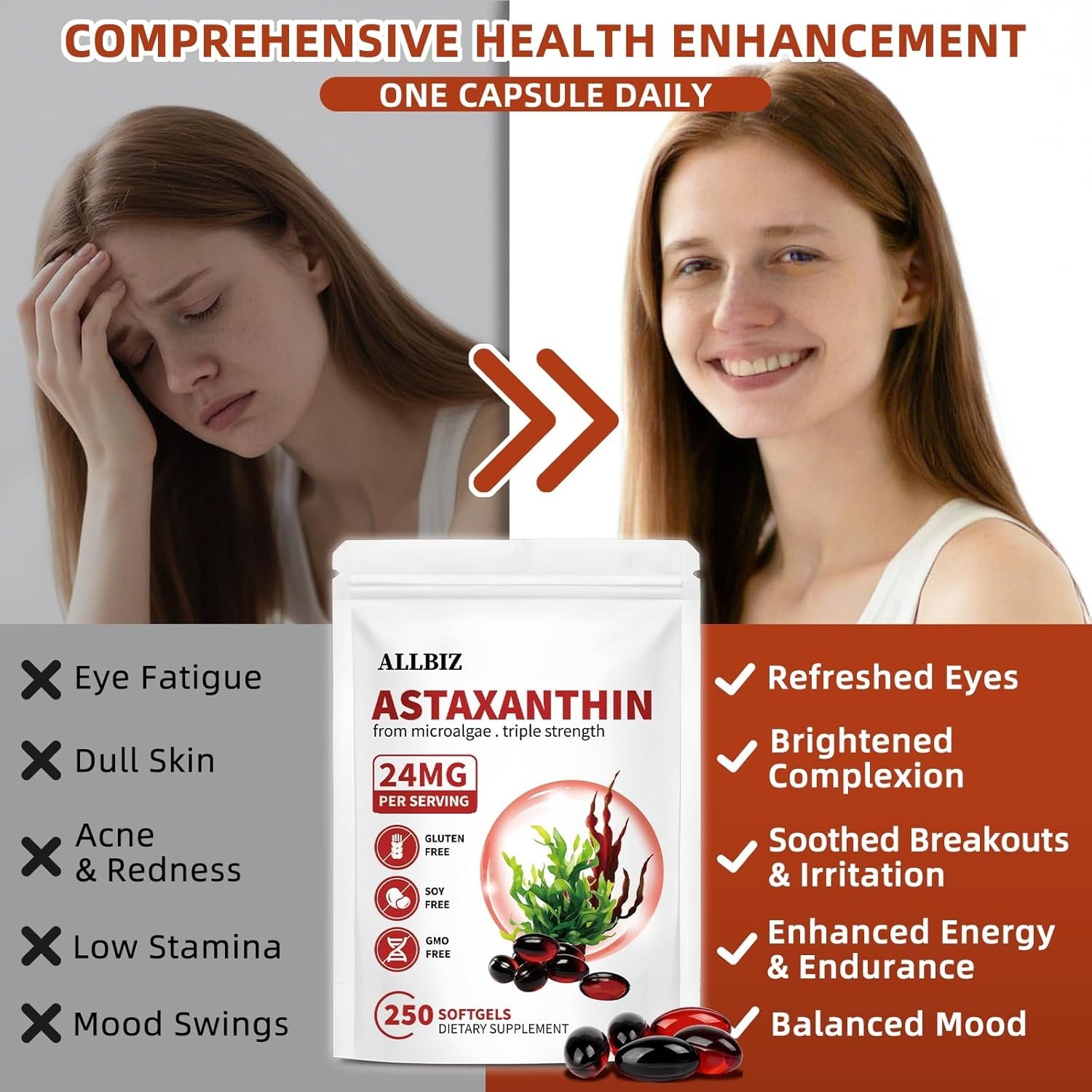 ALLBIZ Astaxanthin 24mg | 250 Softgels | 250-Day Supply | Premium Antioxidant Su