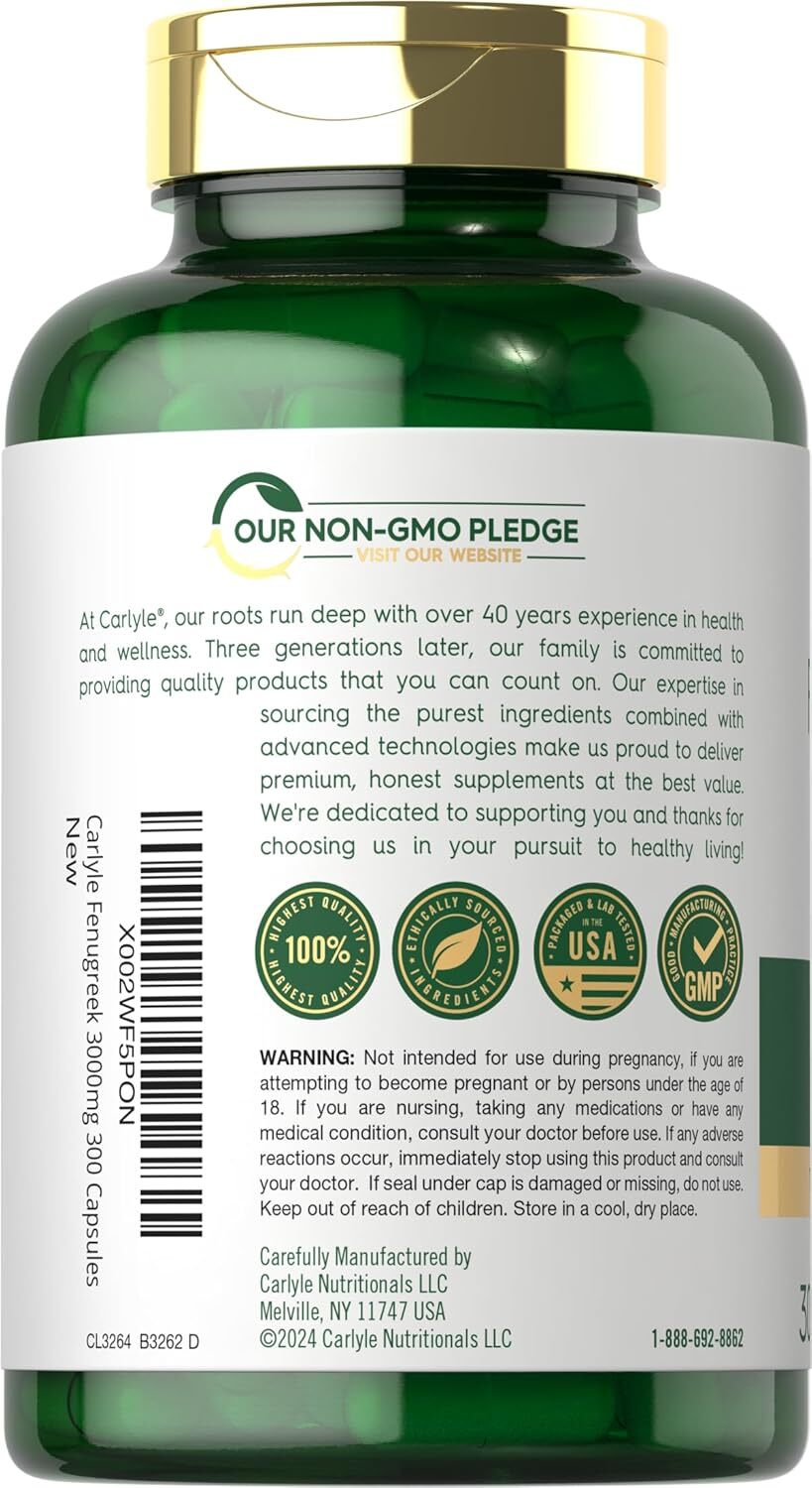 Fenugreek Capsules | 3000mg | 300 Count | Non-GMO, Gluten Free | by Carlyle