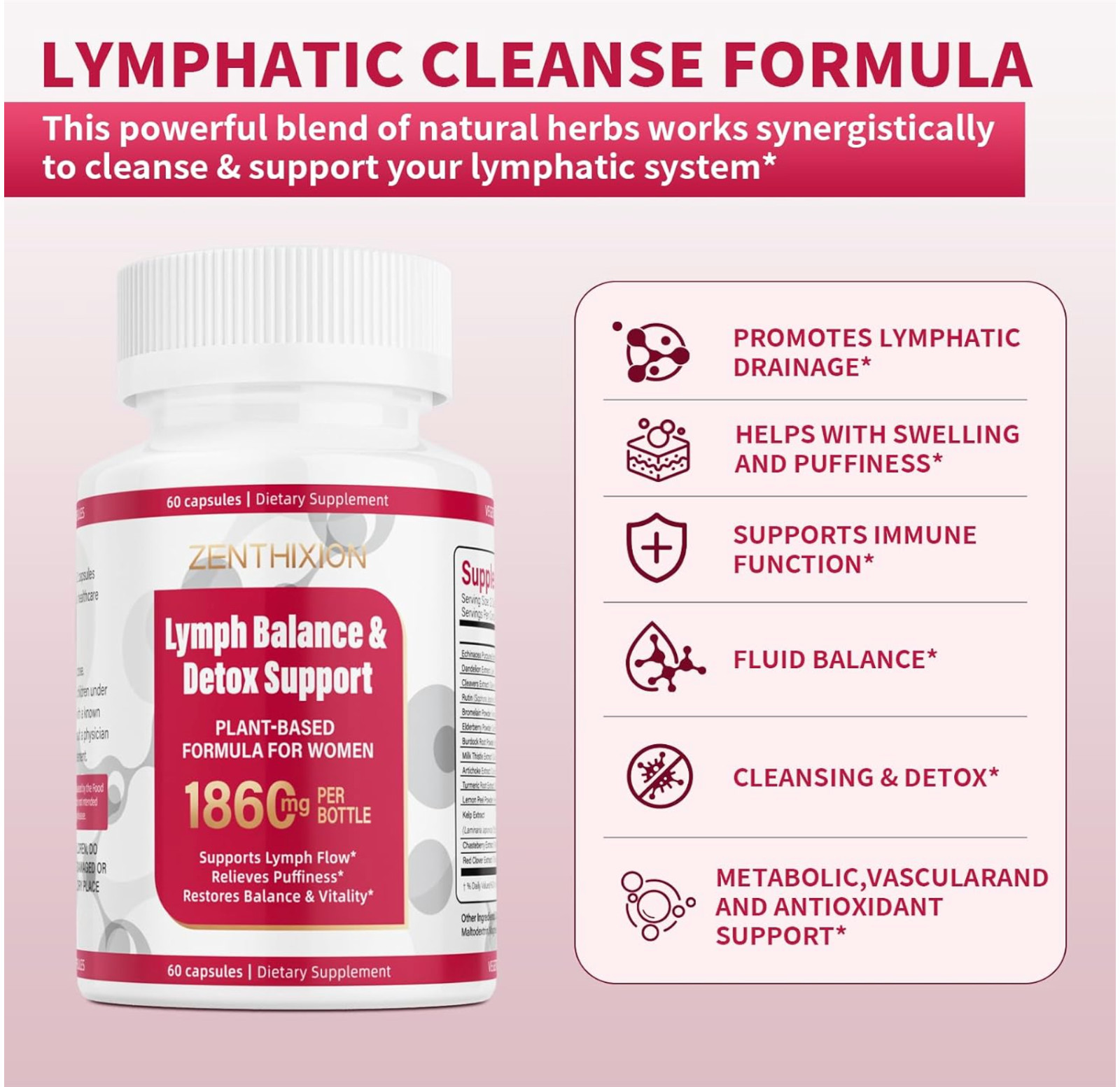 Lymphatic Drainage Supplement 1860mg Dandelion Burdock Turmeric 60 Capsules