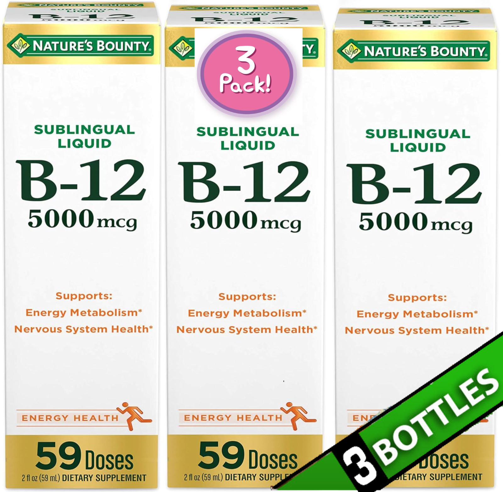 3 Pack Liquid B-12 177 Doses 5000 mcg B12 Energy Metabolism Expiry 01/2026 Fresh