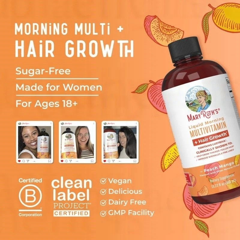 Mary Ruth’s Liquid Morning Multivitamin + Hair Growth – Peach Mango – 15 fl
