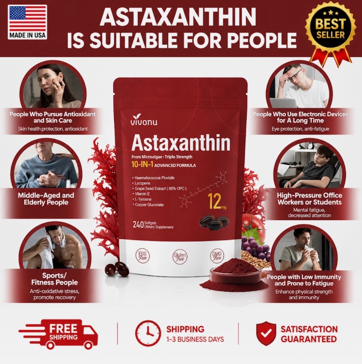 Astaxanthin 12mg 240 Softgels, 4 Month Supply,Triple Strength,Non-GMO,Eye Health