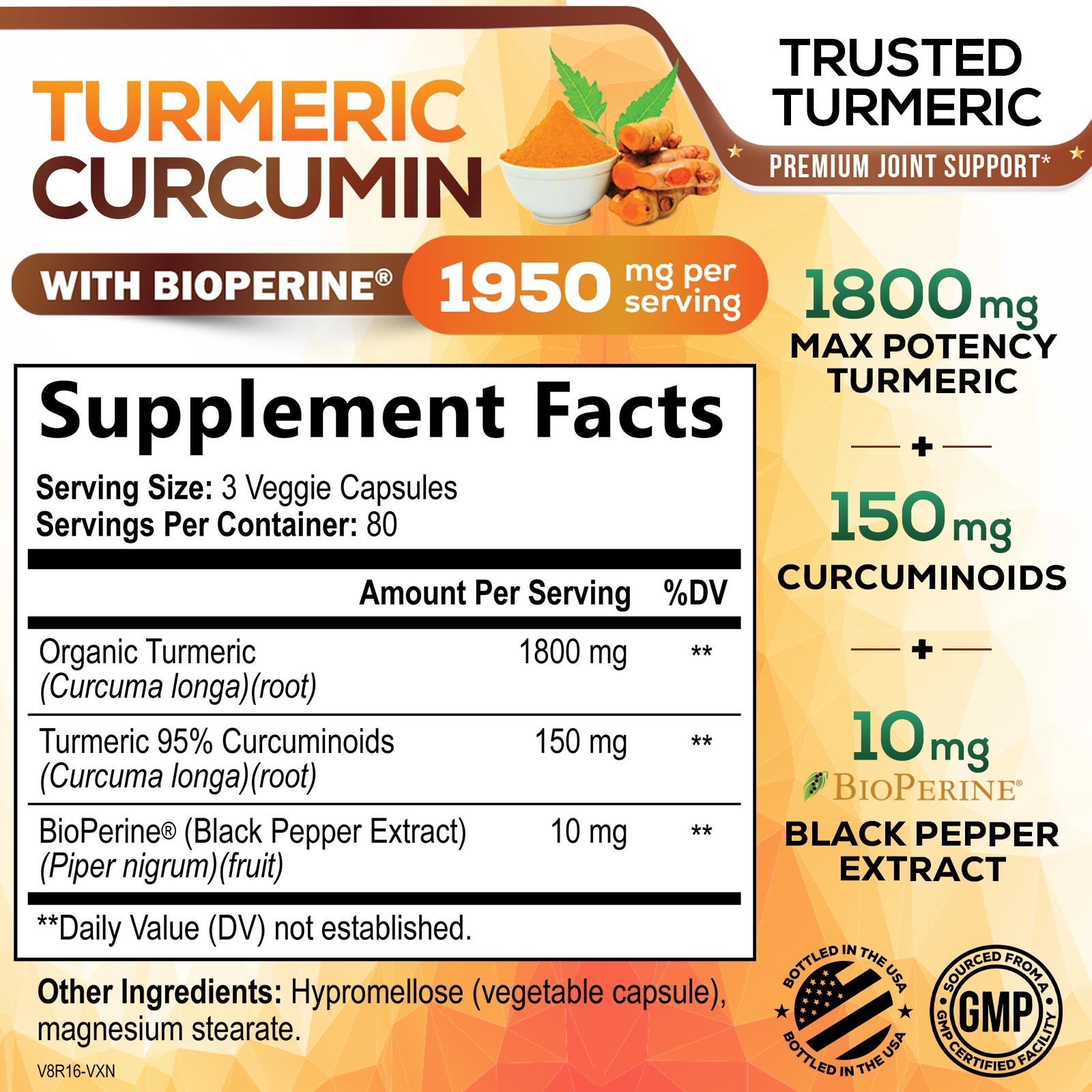 Turmeric Curcumin Highest Potency 95% 1950mg with BioPerine Black Pepper Extract