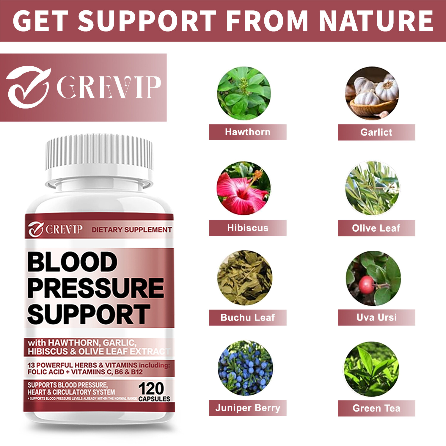 Blood Pressure Support -Hawthorn,Hibiscus,Olive Leaf-Aids in Healthy Circulation