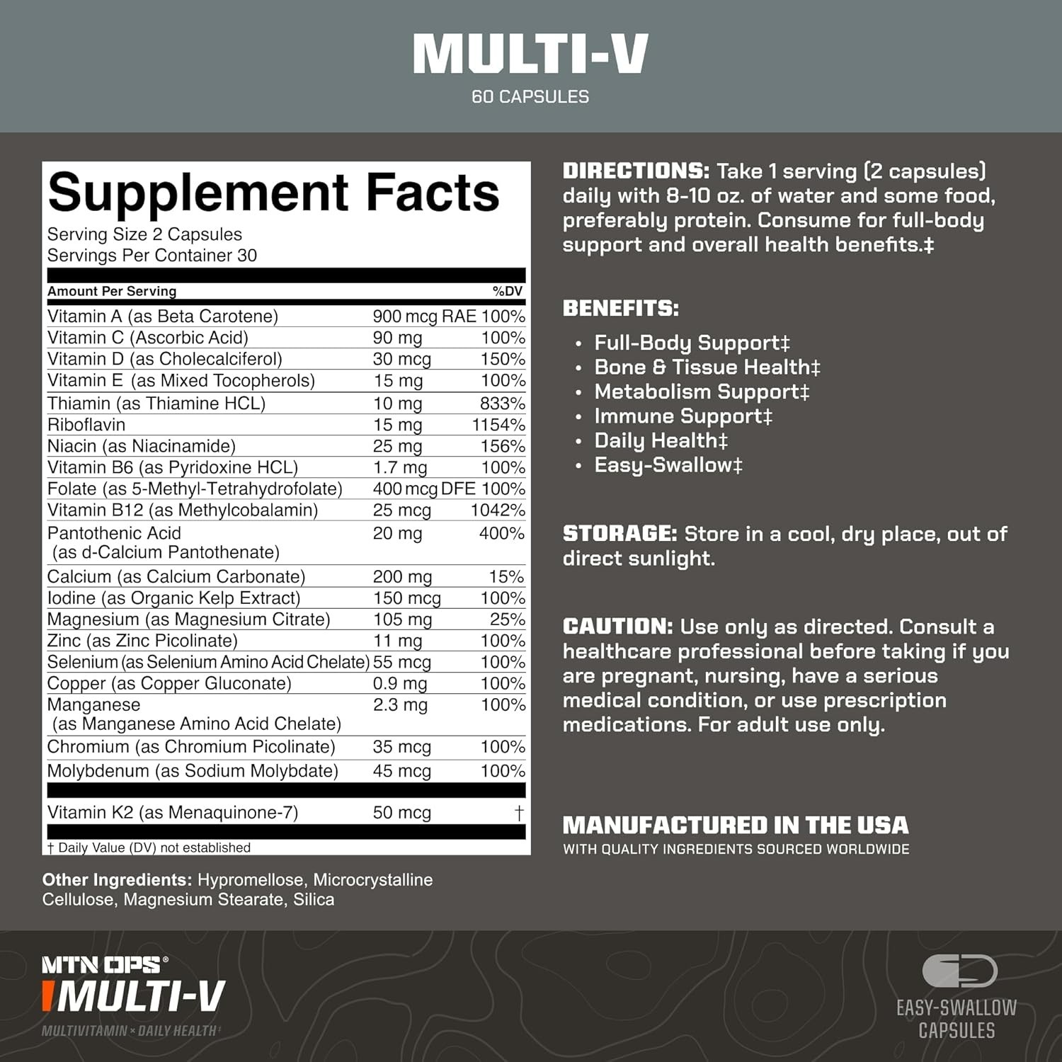 MTN OPS Multi-V Multivitamin Capsules – Gender Neutral Formula – 60 Capsules