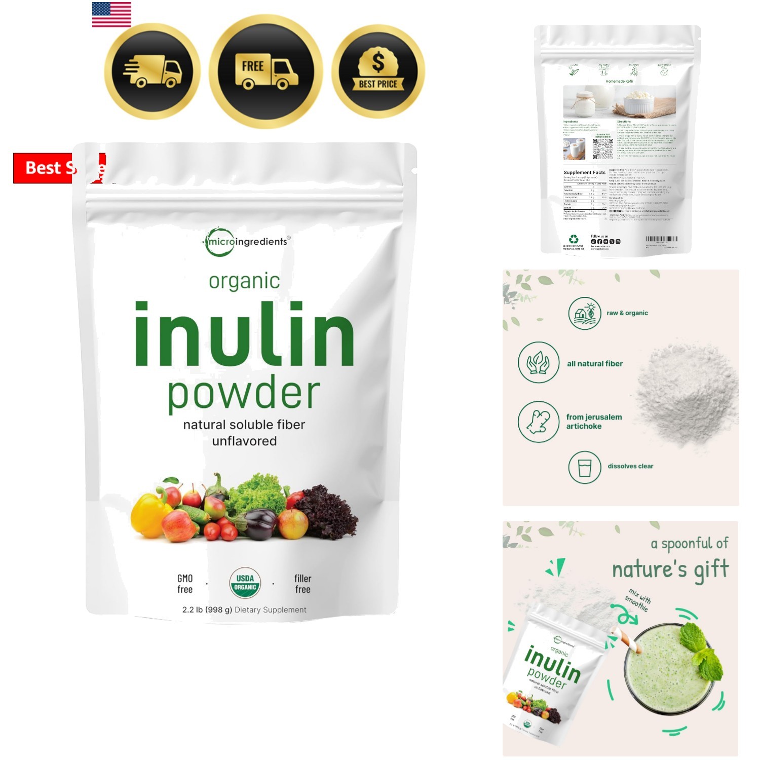 Organic lin FOS Fiber Powder, 2.2 lbs | Quick Water-Soluble Prebiotic | Natur…