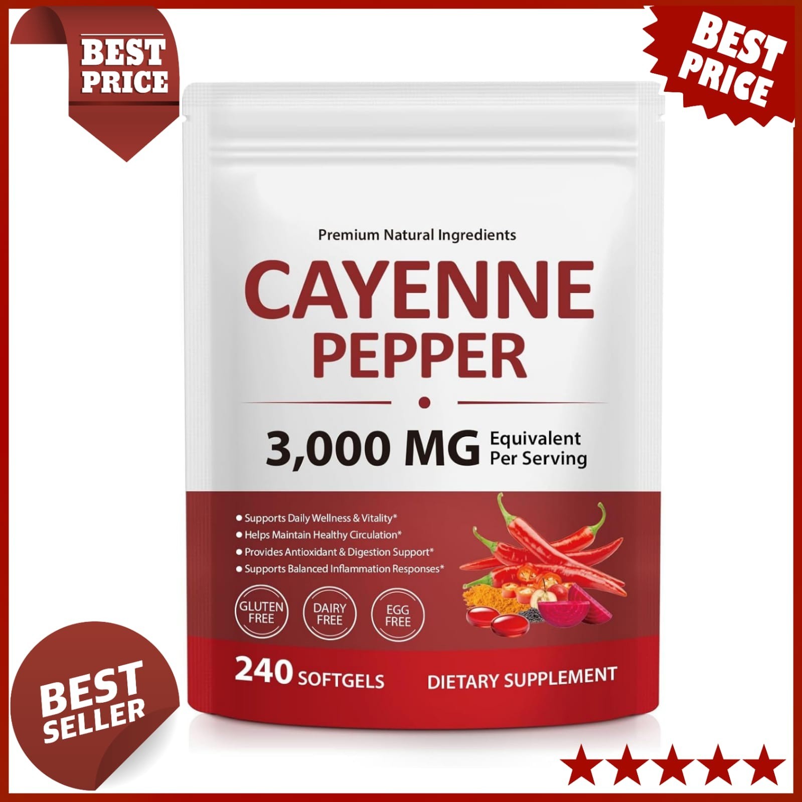 Cayenne Pepper Softgels 240 Ct D3 K2 E Turmeric Berberine Blood Circulation