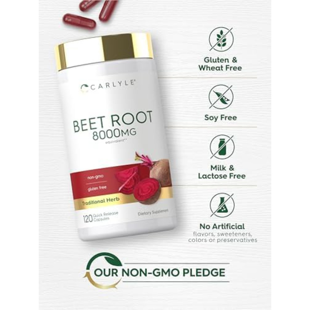 Beet Root Capsules | 8000mg | 120 Count | Non-GMO, Gluten Free | by Carlyle