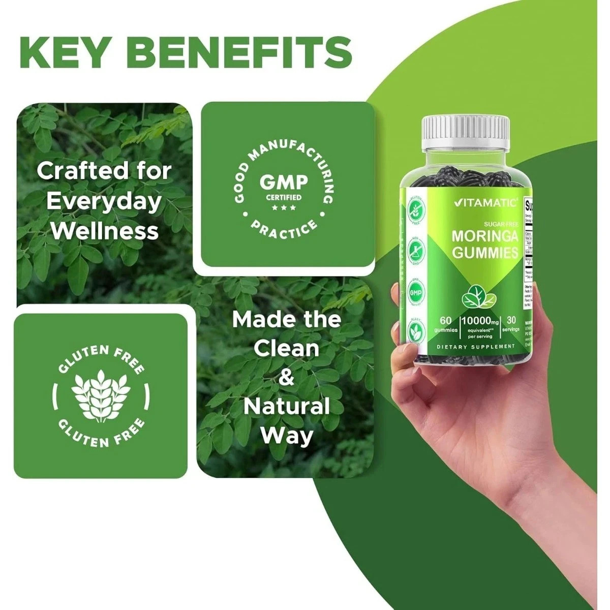 Vitamatic Sugar-Free Moringa Gummies – 60 Pectin-Based Chewable Gummies, Clean F