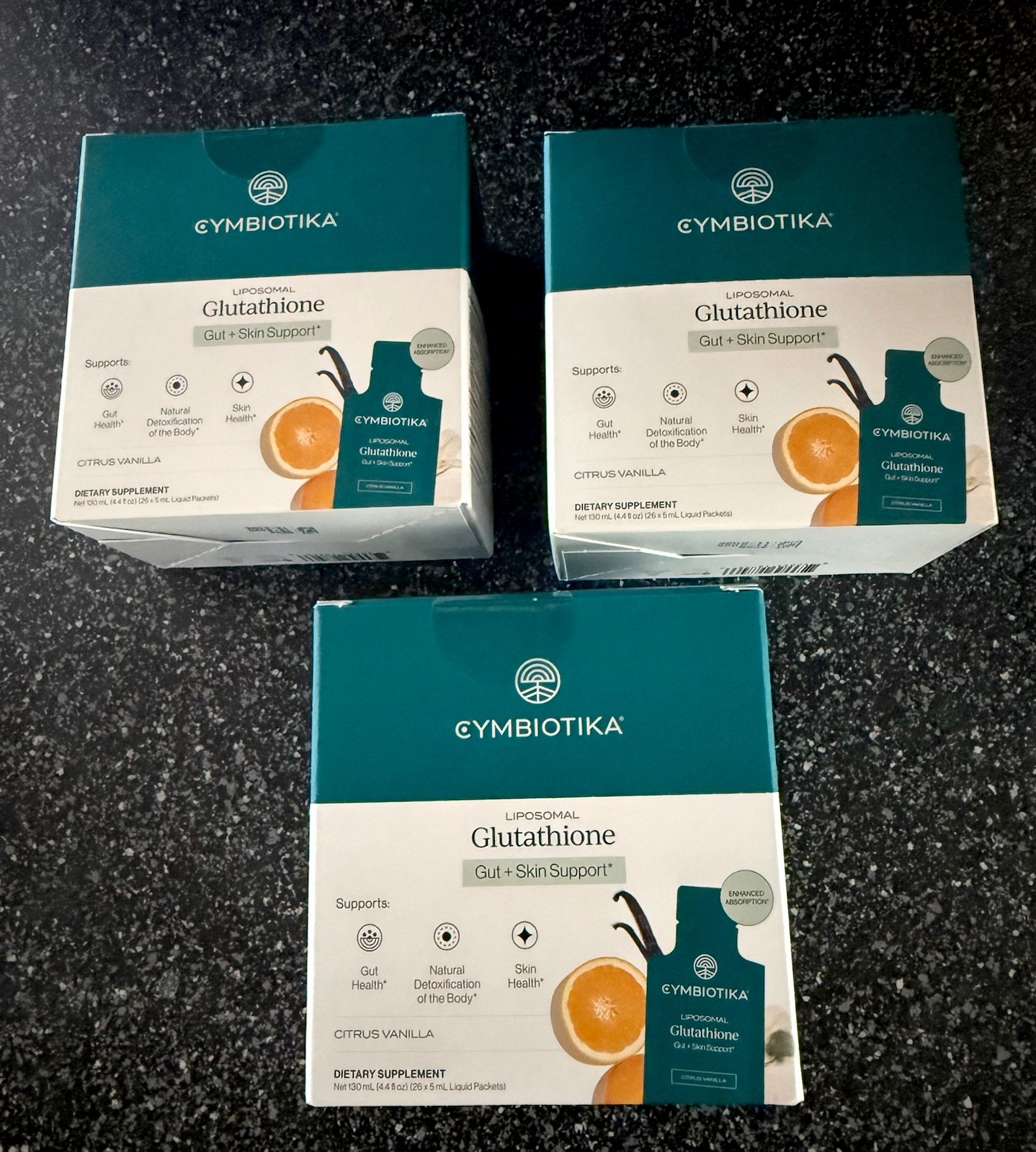 3 Boxes of Cymbiotika Liposomal Glutathione 26‑Pack ea– Detox,Energy, Gut & Skin