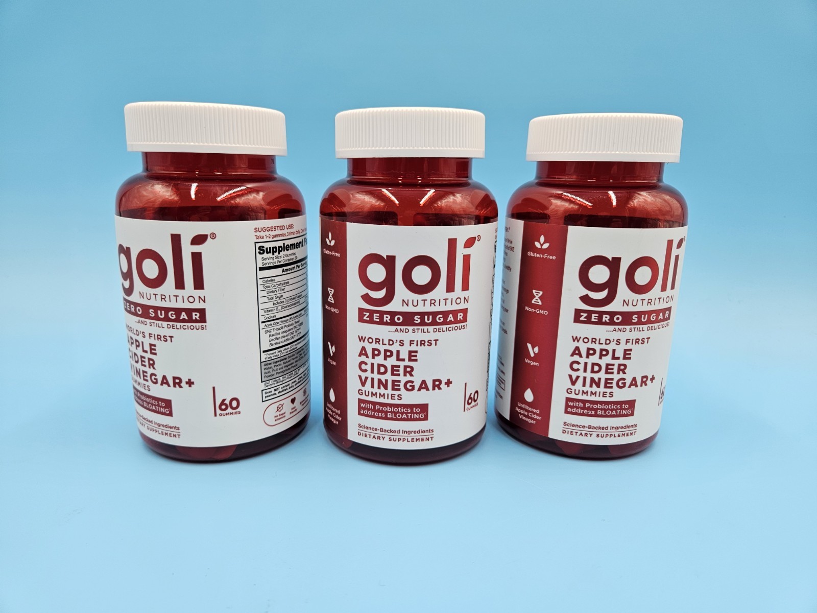Goli Zero Sugar Apple Cider Vinegar + Gummies – Lot of 3 bottles, Exp: 01/2027