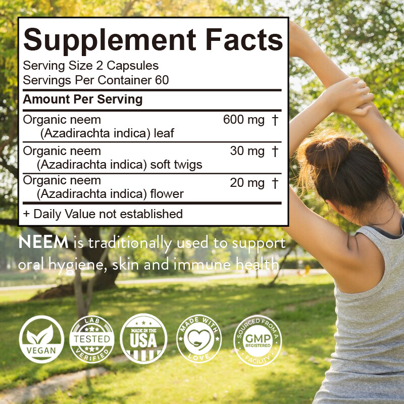 120pcs Neem Capsules (Azadirachta indica) – Organic, Immune Support,Liver Health