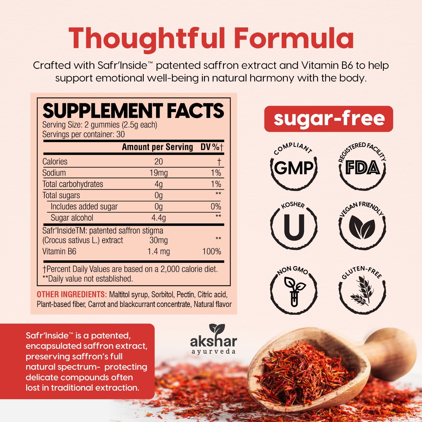 AKSHAR ayurveda Saffron Gummies-Sugar Free Mood & Focus, Saffron Extract