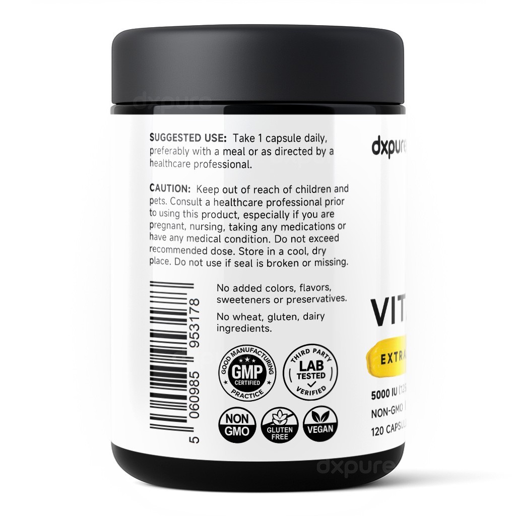 Vitamin D3 5000 IU Supplement – 120 Capsules – Vegan D3 Gluten Free Non-GMO