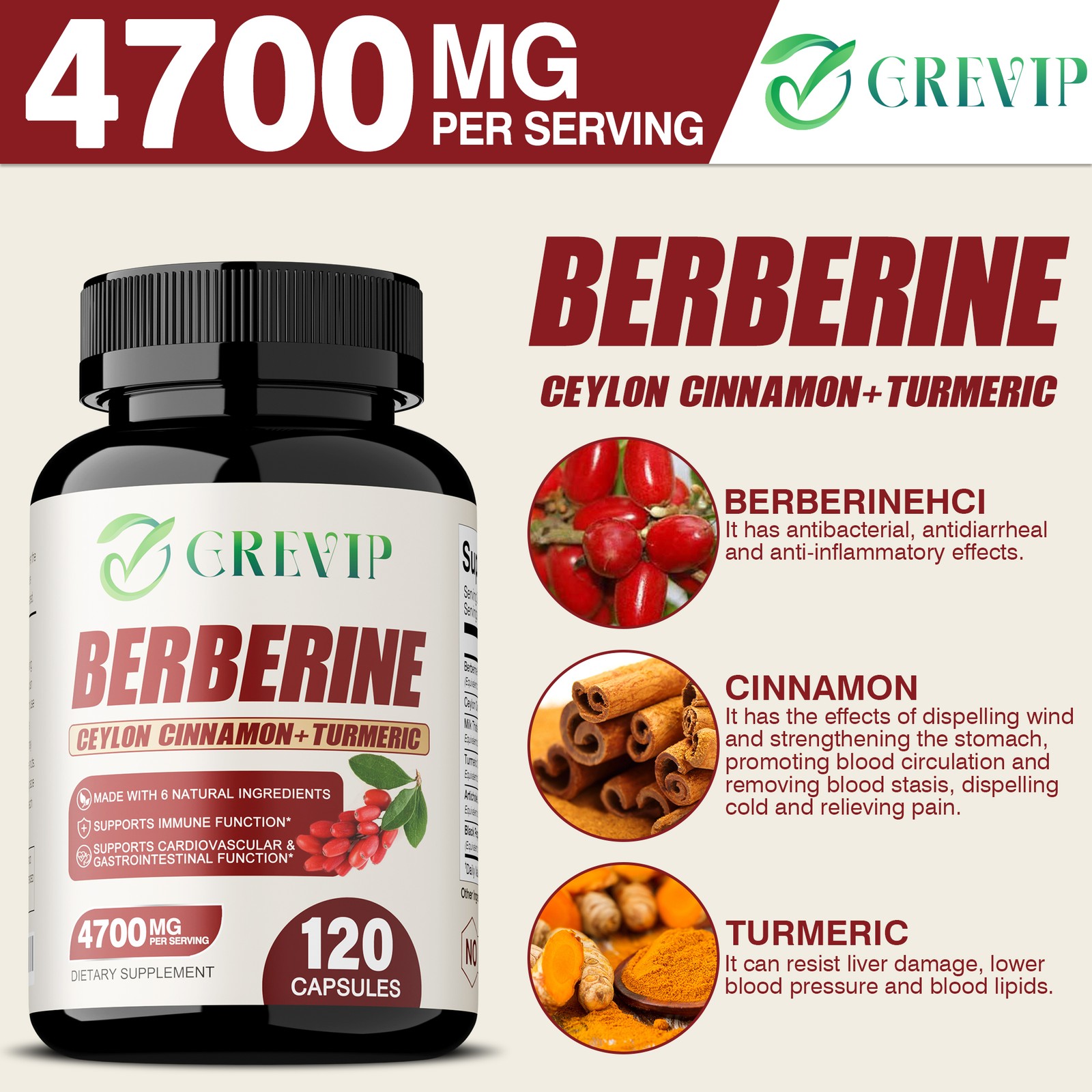 Berberine HCI 4700mg – Blood Sugar Balance & Control – Ceylon Cinnamon, Turmeric