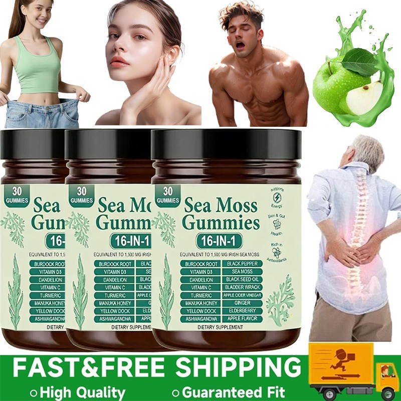 3PCS 16 in 1 Organic Sea Moss Gummy Irishmoss Extract 6000Mg Green Apple Flavor