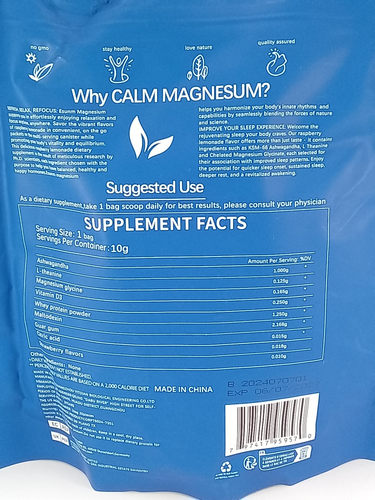 ESUNM Calm Magnesium Raspberry Lemonade Drink Mix Stress Relief 20 Packets