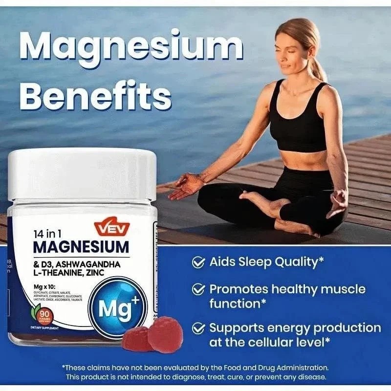 2-Pack VEV 14-in-1 Magnesium Gummies – 10 Mg Types + D3, Ashwagandha – 90 Ct